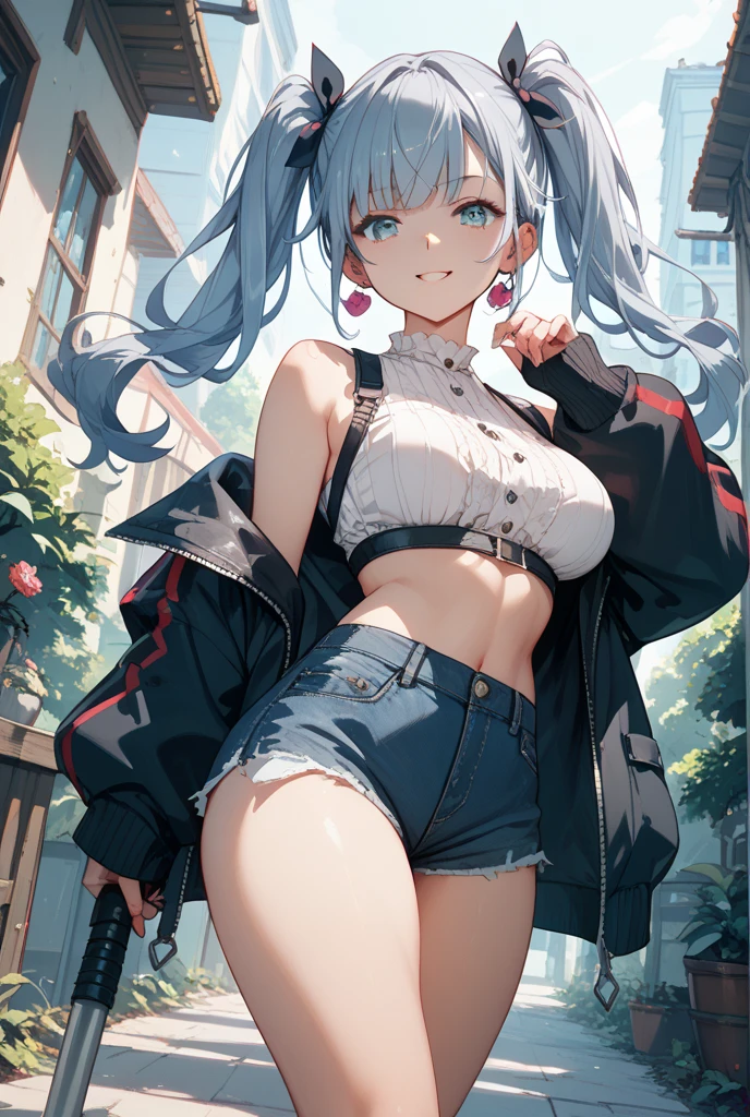 realistic image, coherent image, detailed image, 1 beautiful girl. She has short, white hair. Her eyes are blue, long eyelashes. Her face is oval and delicate, smiling. She is wearing a long-sleeved off-the-shoulder t-shirt, showing her navel, ripped shorts, and mid-thigh stockings. She has a curvy body, medium breasts, thick thighs. sexy pose. Background of destroyed buildings, surrounded by nature, natural lighting, volumetric lighting,
