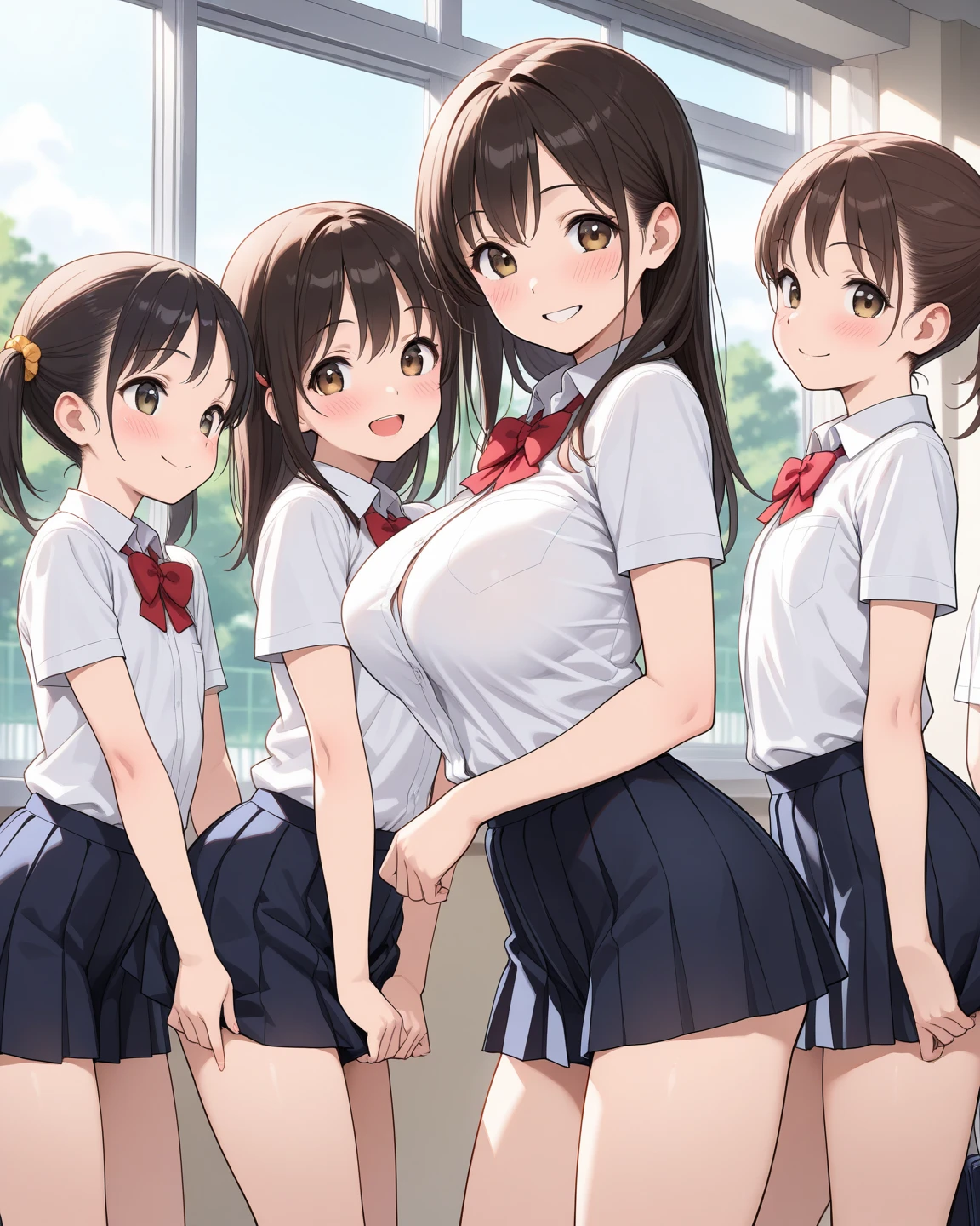 ((masterpiece, highest quality, High resolution, 超High resolution, Pixel Perfect, Written boundary depth, 4K, RTX, human development report))), , beauty、View the whole body、(masterpiece: 1.2, highest quality, masterpiece, Clearer images), (Bright colors), ((Take clear photos even from a distance)), (Multiple Girls), (harem), (School classmates), (((All school uniforms have the same design))), (((Everyone is wearing the same skirt design))), (((Everyone is wearing a swimsuit of a different color and design.))),(()), ((prostitution woman)), (In the classroom),((sitting on the desk))、((bright atmosphere))、(Have fun),((youth))、(cute Japanese((6 girls))), (((Infant face))), ((Group shot)), (Group Selfie), Wide-angle, Soft Light,(((blazer uniform, Checkered pleated skirt)))、(Slightly larger breasts), ((prostitution)), ((viewers love it)), Landscape、(((show panty:1.6)))、((breast grab:1.3)),(((bra lift:1.2)))、 ((Green Eyes, Beautiful eyelashes, Realistic eyes)), ((Detailed face, blush:1.2)), ((Smooth texture:0.75, Vibrant Texture:0.65, Vibrant:1.1, Anime CG Style)), Medium breast, Perfect body, Beautiful curves、beautiful legs、thin、smile, attractive way to sit,((Squatting pose)), Aerith Gainsbourg, Hair Ribbon, bracelet, brown hair, Side Lock, Parted bangs, Braid, ((Award-winning design underwear))、(((Everyone wears different colors and designs of underwear.))),show panty、((((open legs:1.4)))、((breast grab:1.3)),(((bra lift:1.2)))、one eye closed、stick out one crotch、Detailed depiction of the crotch、Knee-length white loose socks、(peace sign),(Selfie)