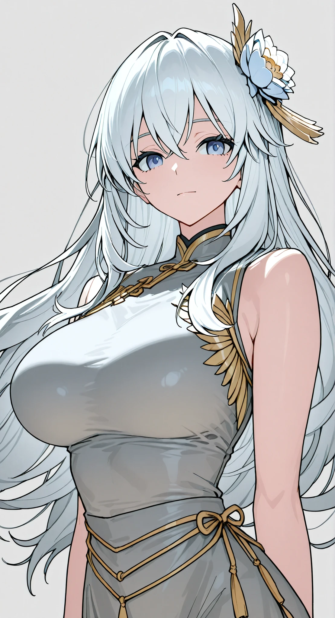 anime girl Picture of a woman with long white hair and a flower in her hair, Gray Hairの deity, Anime Goddess, Gray Hairの, Gray Hairの lady, Gray Hair, Portrait of a girl in the Knights of the Zodiac, Haise Jinyao, Genshin、Keking, Full Body Senxia , Female Anime Characters Who Collect Their Boob With Both Hers, Picture of a woman with long white hair, perfect Gray Hairの girl,beautiful breasts, Slim waist,sleeveless china