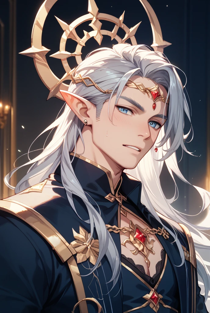 (Absurd, High resolution, Super detailed), 1 male, Adult,Create a highly detailed, anime-style illustration of a beautiful male demon. He has long, flowing white hair and sharp red eyes. He has large, curved horns with golden accents and intricate gold tattoos covering his upper body. The character has pointed elf-like ears and exudes a mysterious and alluring aura. The background should be simple and light, highlighting the character's features and emphasizing his ethereal and powerful presence. Use soft lighting to enhance the delicate details and smooth textures of his hair and skin