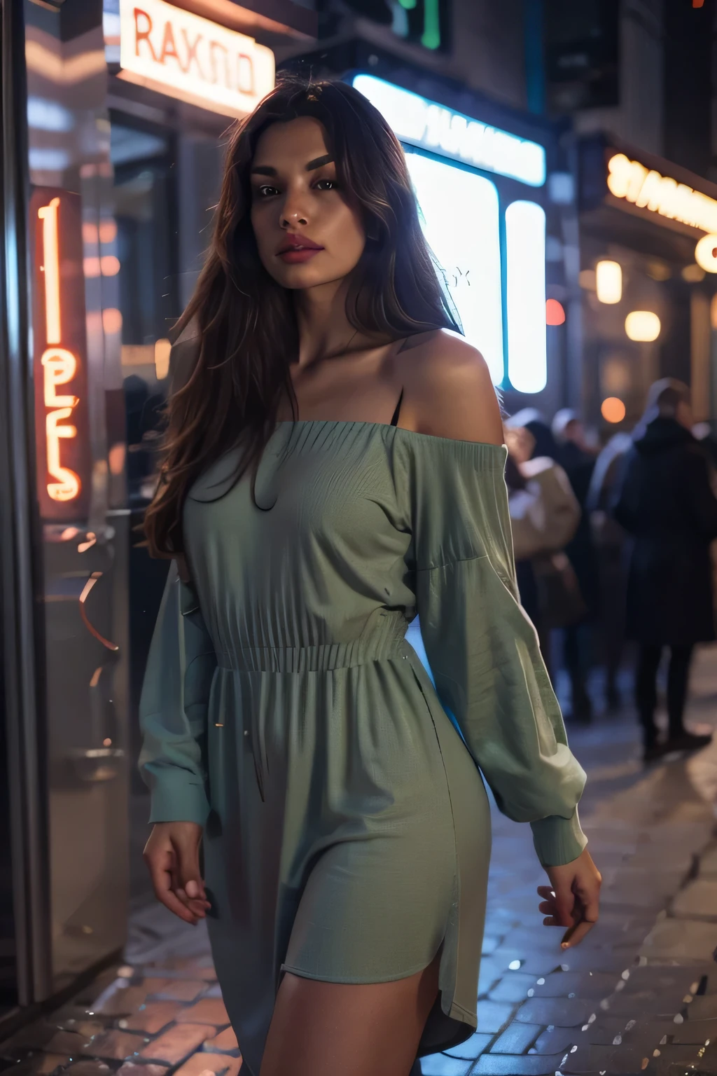 in an olive dress 