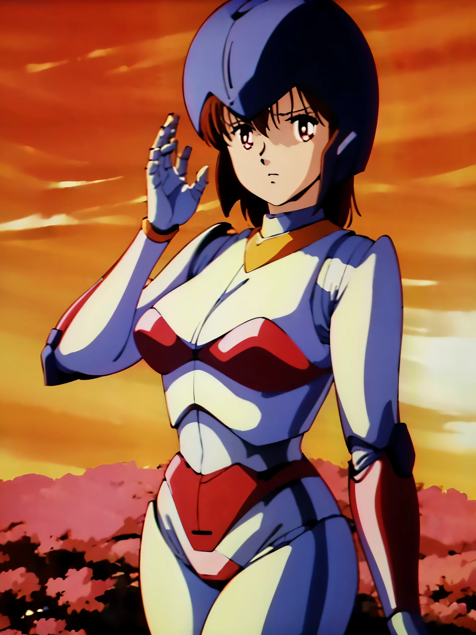 (((Masterpiece))), (((Best Quality))), ((Super Detail)), ultra-High resolution, score_9,score_8_up,score_7_up,score_6_up,score_5_up,score_4_up, BREAK, source_anime, anime screencap, uncensored, rating_explicit, Masterpiece, (best shadow), (absurdres), (detailed background), (very aesthetic), detailed beautiful eyes, outstanding, an exquisite animation illustration, curvy, highres, dynamic angle, (((solo, 1girl))), medium breast, leina, brown hair, brown eyes, blue helmet, (anime coloring:1.5), (anime style:1.5), (animification:1.8), (megami magazine:1.5), forest,