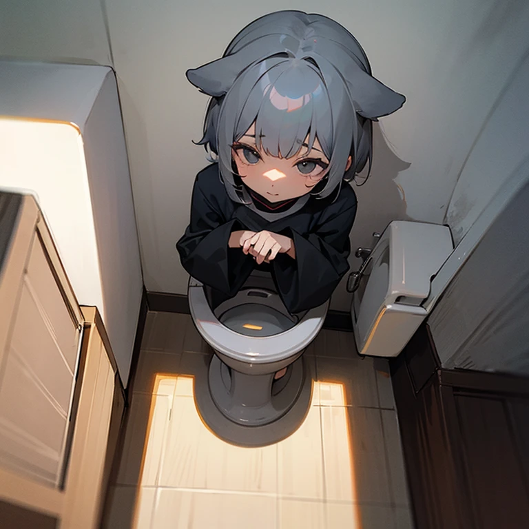 masterpiece, high quality, highly detailed, (toilet use:1.6), (sitting on urinal:1.2), (spread legs), (panty pull:1.4), bottomless, 1girl, solo, short hair, dark skin, pointy ears, white hair, dark elf, gloves, looking back, indoors, embarrassed, surprised, reaching out, toilet, caught, toilet paper,