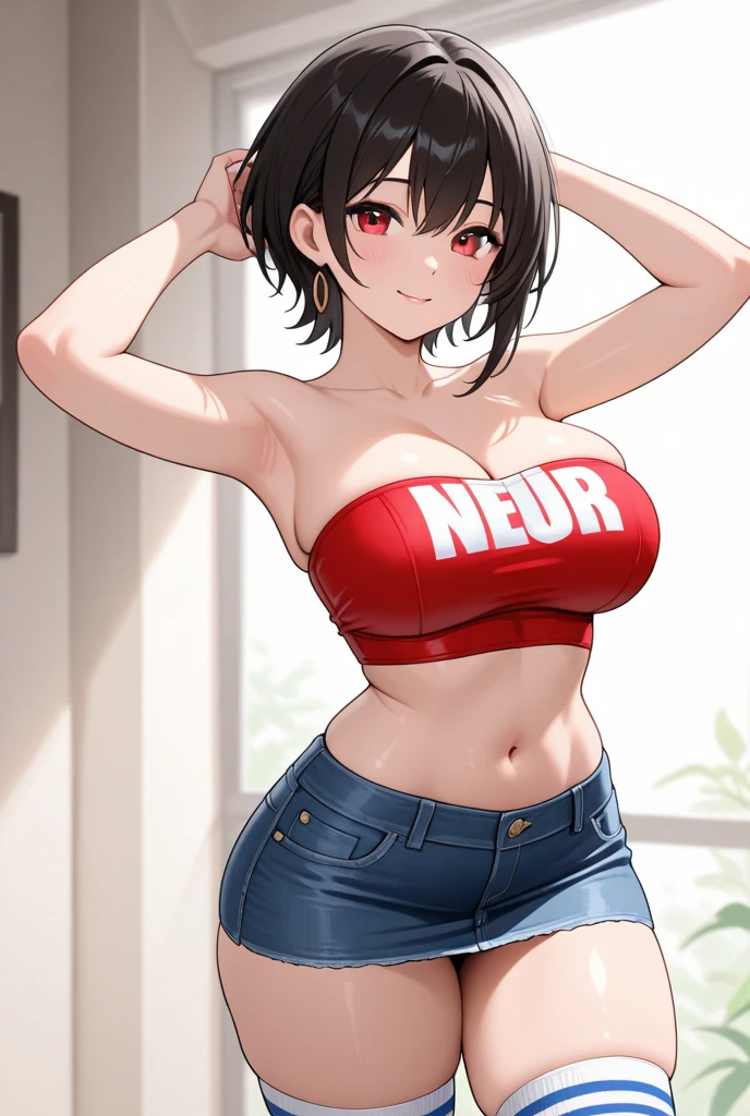(One Girl,Black Hair,blackdarkskin,Crown braid hairstyle with bun,Grey Eyes,Large Chest,Wide ass,Abdominal muscles)Tank top,Shorts、夜の街で魔術を使うOne Girl