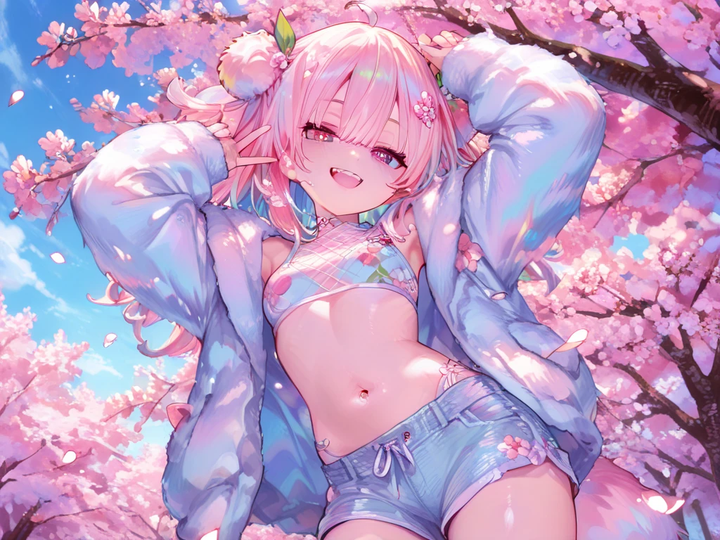 anime girl with pink hair and a pink top and blue shorts, Pink ponytail hair and cyan eyes, Smooth anime CG art, seductive anime girl, anime grandma, anime girl, Humanoid pink female squid girl, sakura haruno, Anime visuals of cute girls, ecchi anime style, cute anime girl, kawaii realistic portrait, pretty anime girl，Chest showing cleavage
