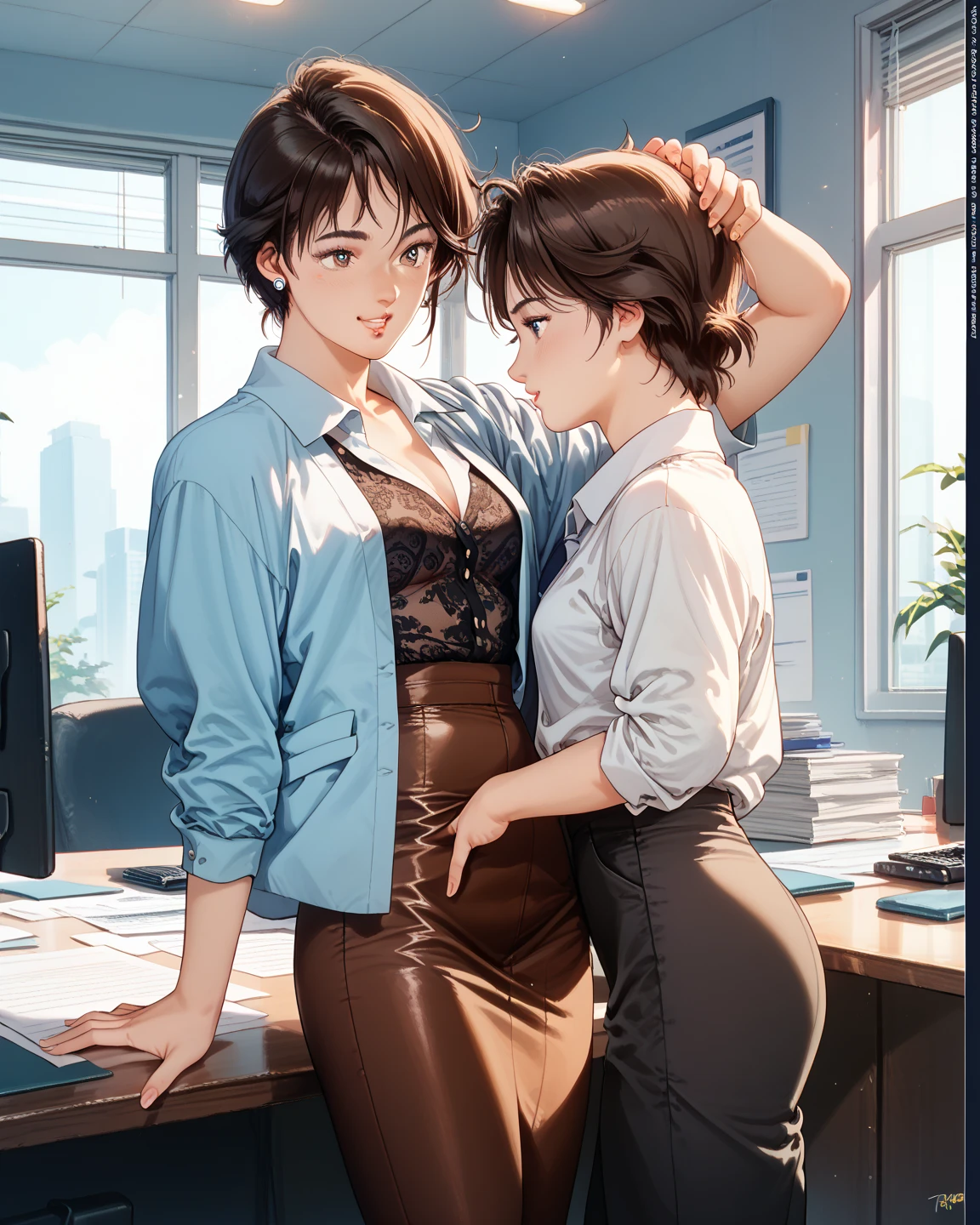 (masterpiece,Highest quality:1.3,best quality illustration,realistic),cowboy shot,1woman,20 year old Japanese beauty,((very small head:1.3)),brown short bob hair,bangs,brown eyes,gorgeous eyes,blush,smile,small breasts,((very long body:1.3)),((toned body,slender body,skinny,tan skin)),(navy uniform、Dark blue blazer jacket、White Shirt、Navy blue tie、Navy blue tight skirt),gleaming skin,shiny skin,sweat,standing,Bedroom、Naval Base、