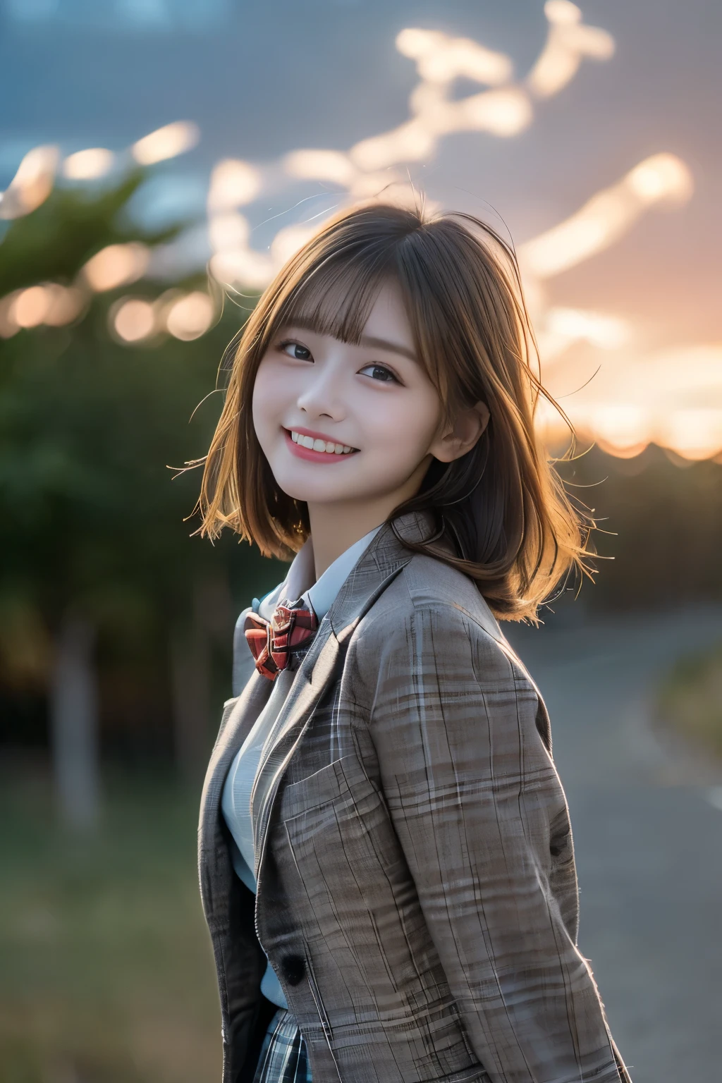 (Highest Quality、masterpiece、super quality、Super accurate 、UHD、Ultra High Definition:1.2)、(16k、photorealistic、Realistic As Pictured、 RAW photos 、f/2.8:1.4)、(Ultra Realistic Details、High Details、very detailed、Highest Qualityの影、written depth、ray tracing:1.2)、(Baby Face、fashion model、20 years old:1.uper cute face、One Nogizaka girl:1.3)、(dynamic action、full body、舞い踊る姿、Professional cinematography、low angle:1.agitales、double eyelids、beautiful, clear, dark eyes)、(natural makeup、crystal pendant for acting)、(big smile、happy:1.hort brown hair、bungs、流したbungs:1.2)、(perfect anatomy、完璧な比率、Beautifully detailed body、Beautifully detailed hands and fingers、Beautifully detailed legs、 white skin、very detailedな肌と顔の質感:1.2)、(JK shirt、 JK Plaid Pleated Skirt:1.4)、(JK Blazer Uniform、Female High School Student Uniforms:1.4)、(prairie、nature、fantastic、Mysterious、sky full of stars:1.5)、(High school girl dancing happily、Hair blowing in the strong wind、Skirt fluttering in the strong wind:1.4)、( beautiful Korean girl 、 cinematic lighting、professional lighting)