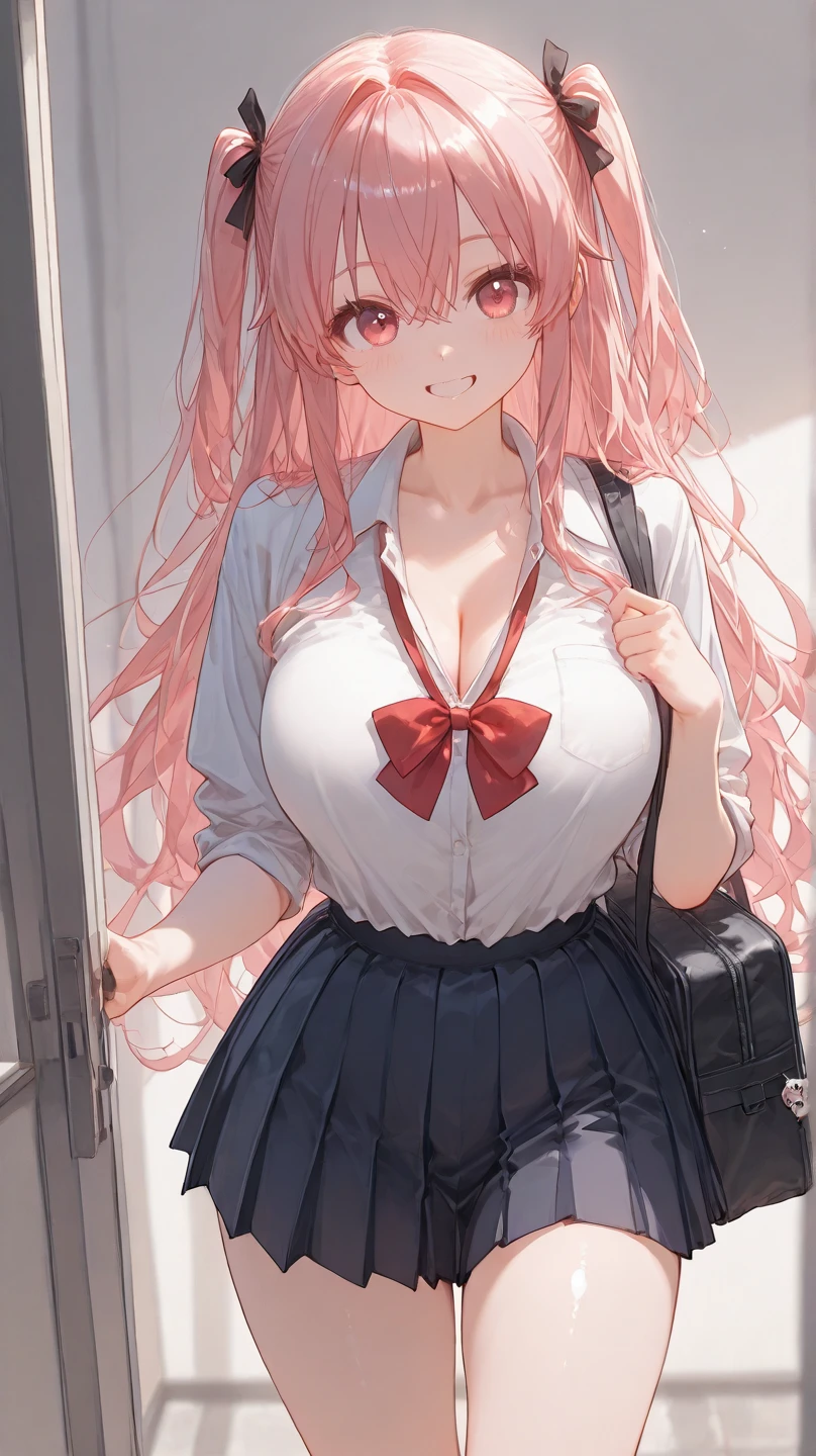 Pink Long Hair,dual horsetail,Yellow eyes,,Big breasts loli,Bandages are wrapped around the body as clothing,There are also bandages on the hands,Wearing a white coat,In the classroom with a sense of technology in the future,Crying and tearing,Pink vest underwear