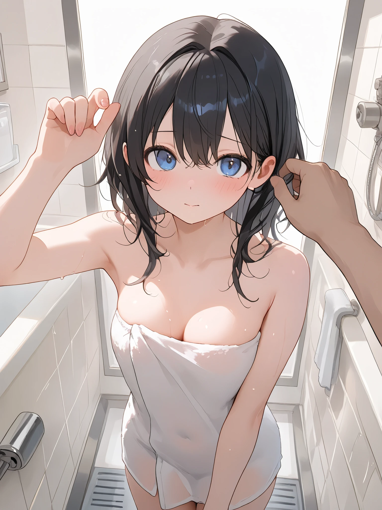 Beautiful girl is taking a shower and getting wet