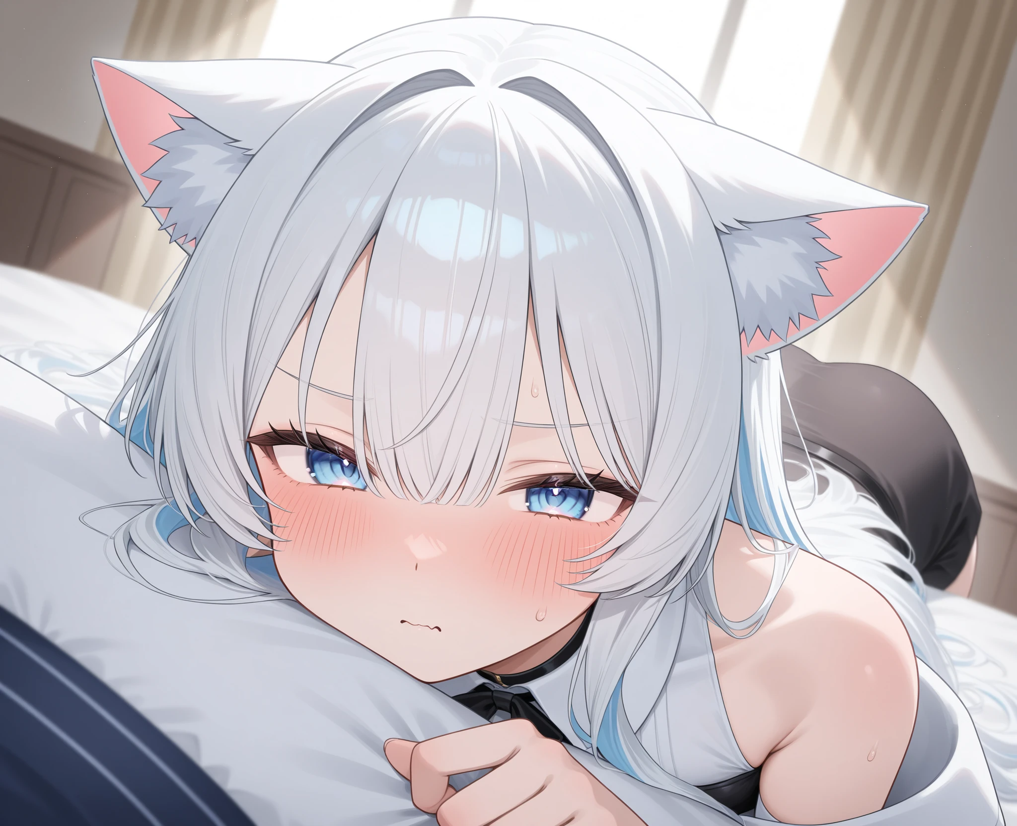 girl,1 boy,hoodie,On the bed,Excited,Heterochromia Red Eyes Blue Eyes,Small breasts,Cat ear,Feline tail,topless,nsfw,sweat,steam,small nipplesvaginal,all fours,back