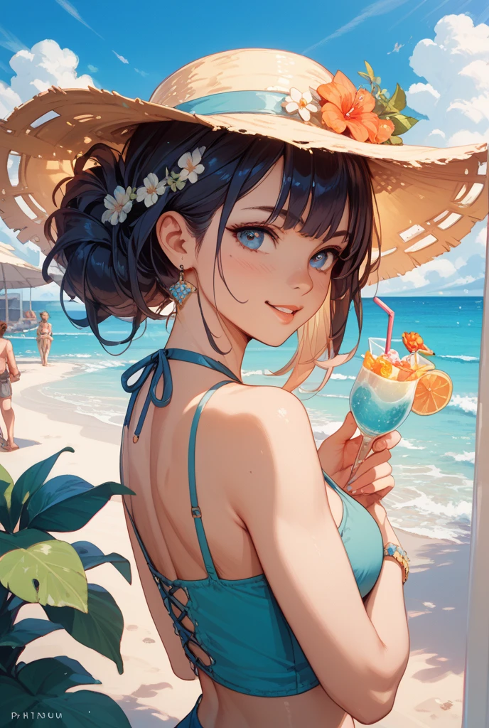 On a sunny summer day,A young teenage girl in a brightly colored bikini bathing on the beach enjoys the sea breeze and sun。She was lying on a beach chair listening to music,Holding an iced drink in his hand。Her skin was golden brown from the sun,With her long black hair and big bright eyes,It makes her look very charming。The waves lapping against the coastline,Make a cheerful sound,People on the beach are also enjoying this wonderful holiday time。The entire illustration is in 4K HD resolution,The picture is clean、realisticlying。The girl's face showed realistic expressions and eyes,The hands also look very real。This work shows the trends of modern art,Full of creativity and artistry。