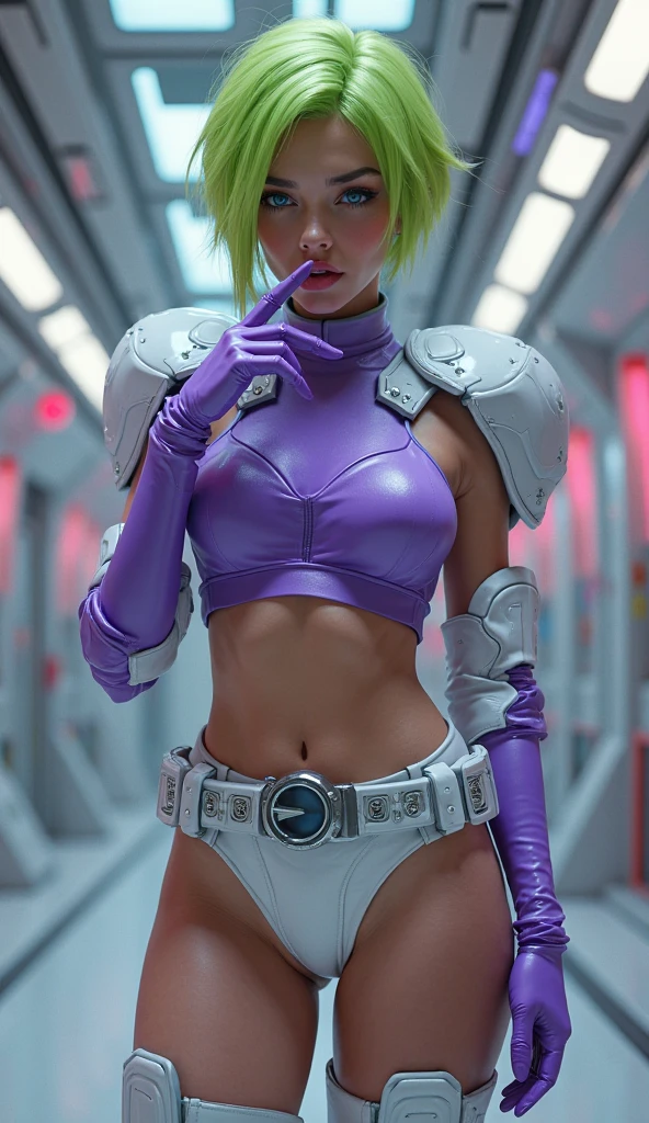 16k, best quality, extremely detailed, ultra quality, ultra highres, masterpiece, beautiful, Raw Photo, Her design is very intricate and detailed. Her green hair and cybernetic eye are very striking. Her outfit is very practical, with a mix of black, white, and pink accents. She is also carrying a unique weapon that has a futuristic design. 