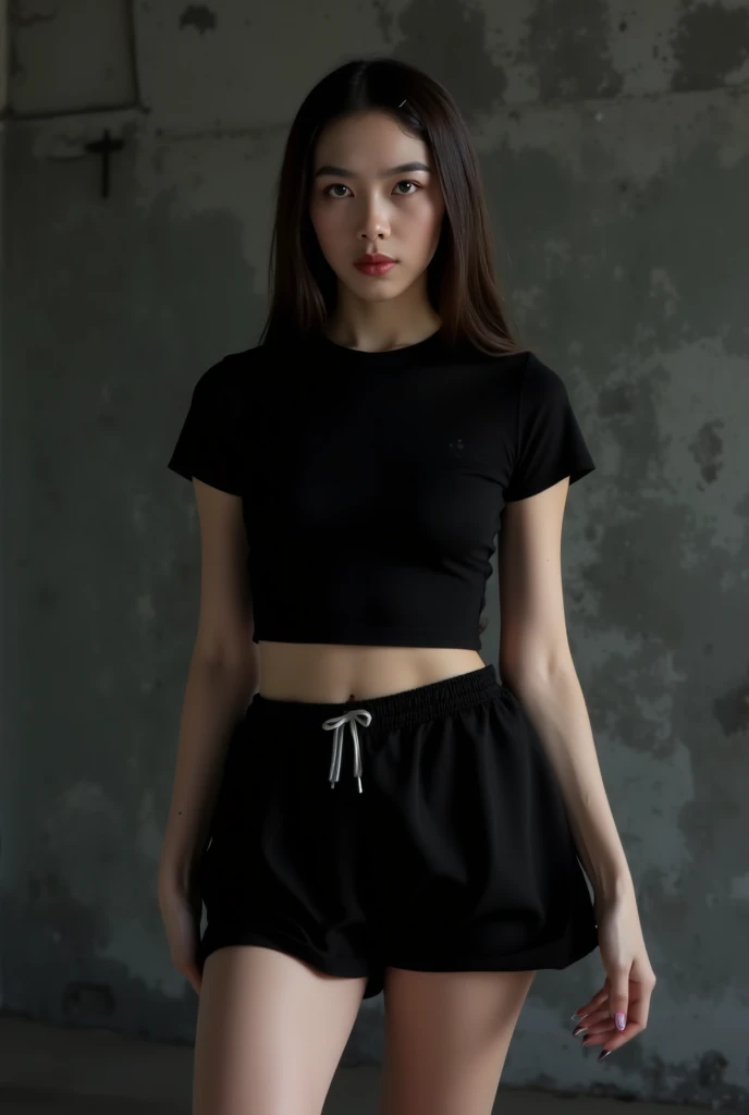 ((Lalisa Manobal from Blackpink)), t-shirt, wearing a t-shirt to the crotch, pleated skirt, black tights to the waist, high heels, close-up from thighs to face, female body, full body photo, hard nipples, skin very light, short hair, wavy hair, camp, forest, photorealistic, indirect lighting, volumetric light, ray tracing, hyperdetailed