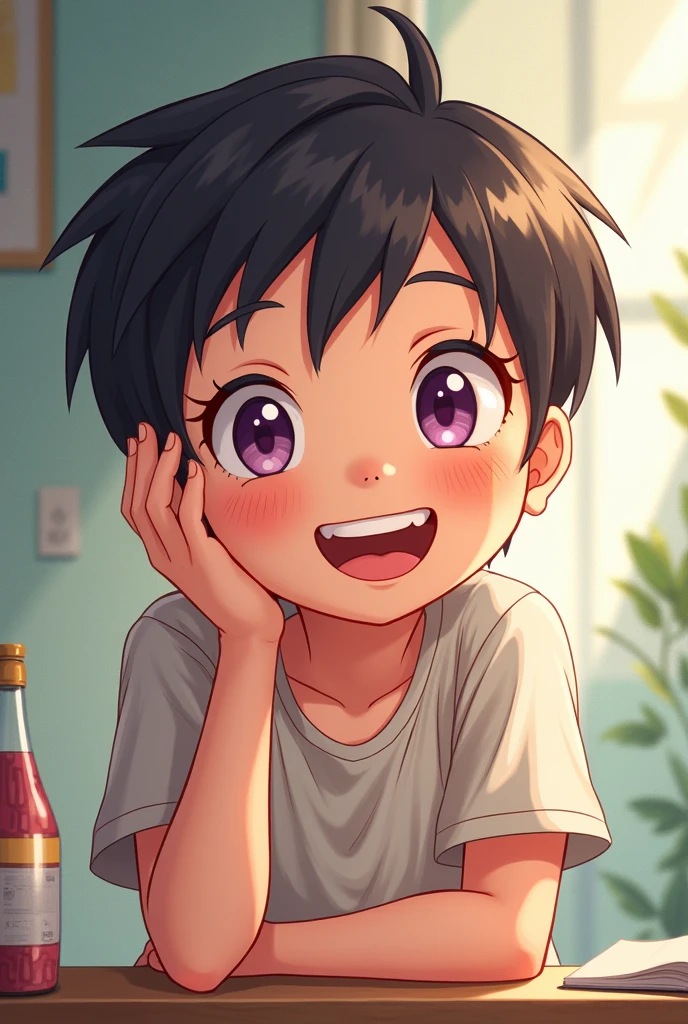 A child with short straight black hair and bangs wearing white cropped black pants is happy playing a video game