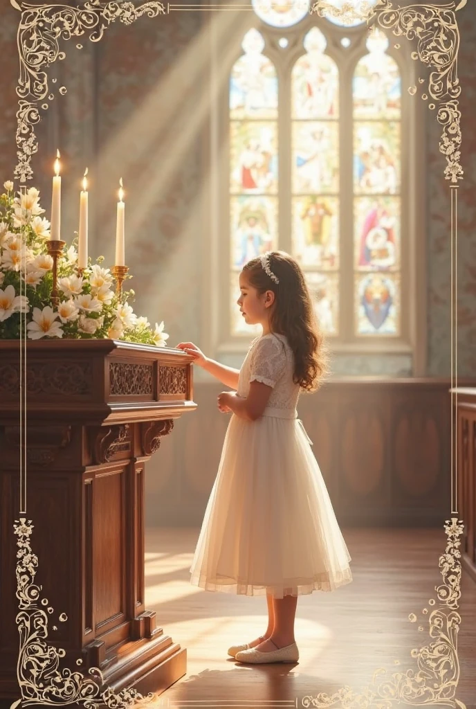 Mother and daughter on their knees praying at an altar of God in a wide shot