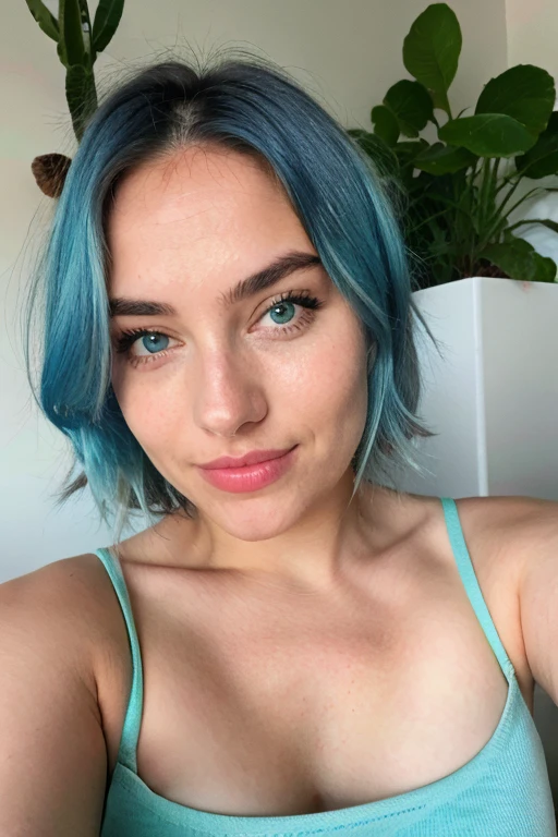 A stunning professional photo of a 24 year old pretty woman, shirt, skirt, cute, absolute beauty, round face, pale skin, (((short hair french bob hair shaved))), (hair parting on left side), Blue hair, brown eyes, beautiful eyes, freckles, freckles and moles all over body, large natural breasts, soft breasts, early summer, soft natural light, highly realistic skin, highly realistic face, highly realistic eyes, at a garden party, party lights, many people in background, seductive, sultry, low light, soft natural light, Rembrandt style light, made with a Hasselblad camera, 35mm, film grain, masterpiece, sharp focus