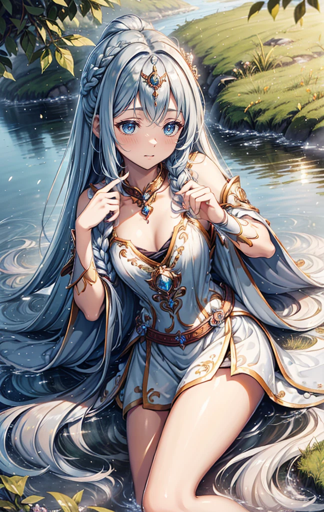 Masterpiece, 30 years age, female, long Silver hair, wearing mermaid headband, pearl necklace, Slanted eyes, blue navy sexy dress, high heels, Swim in the water, smile expression, with a sharp gaze, beautiful face, close up