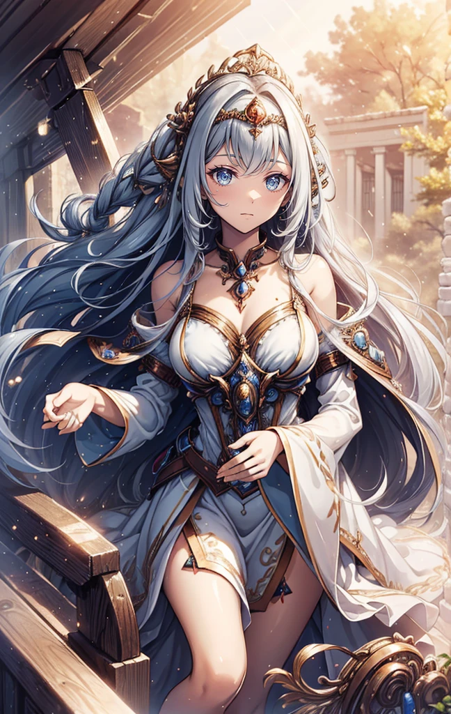 highres, highest quality, illustration, ultra detailed, (detailed face), (detailed eyes), cinematic lighting, best quality, hyper detailed, masterpiece,1girl, solo, long hair, blue-streaked silver hair, blue eyes, long blue color female knight dress, chest armor, sleeveless, bare shoulder, white detached handsock, ornamental gold bracelet, white skirt, black high thigh stocking, ruins, serious look, luminous eyes, big breasts, light rays, (colorful), head to thigh, magic circles