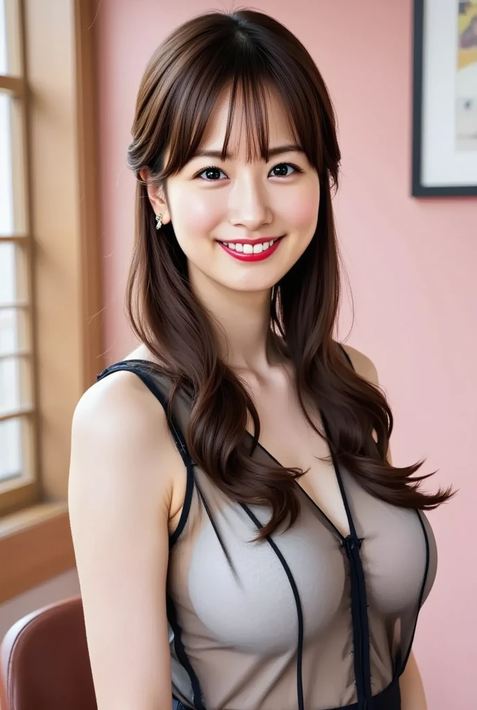 Tomoyo Takayanagi,brown hair,indoor,looking at the viewer,Are standing,((masterpiece)),((highest quality)),perfect anatomy,8k UHD,highly detailed face,((1 girl)),((alone)),(detailed and beautiful eyes:1.5),perfect image,(Upper body:1.1),(look ahead:1.1),turn your arms behind your back,slim waist,(shiny hair),super detailed,disorganized,((huge breasts)),(sensitive smile),shiny skin,beautiful skin,sexy dress,shiny black dress,((deep cleavage)),