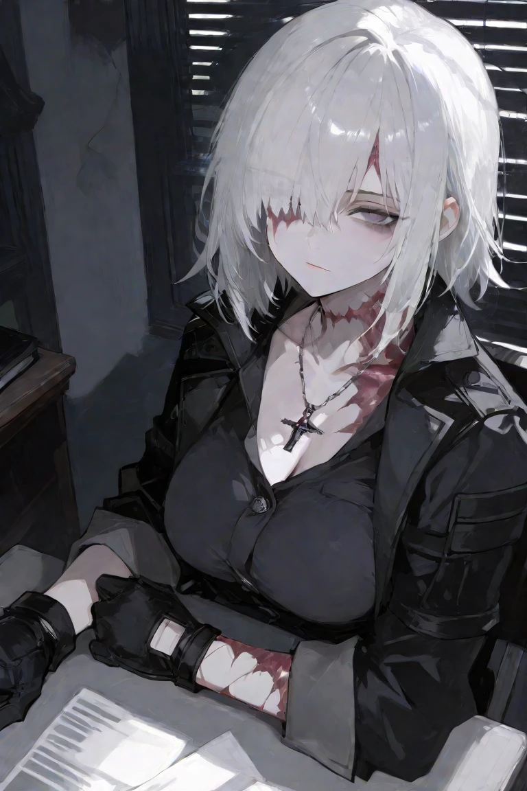 Draw a girl with a black police hat., that has a black butler uniform, have black pants ,have a black tie, her white hair, her light blue eyes that she is sitting leaning her back against the shattered brick wall with her eyes closed while a stream of blood falls from her mouth and that her stomach has a sword embedded while in her right hand she has a silencer pistol