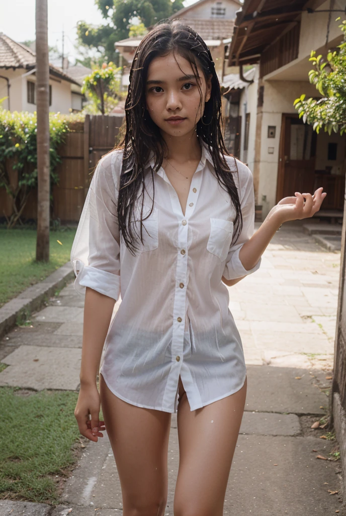 Playing under the rain hard, young beautiful sweet Bogor city girl, 2, her name is Salma, mixed descent from sundanese and Javanese, slim sexy body, medium size teenage breasts, big round childish eyes, cute little hawk type nose, shy and quite type girl, naif girl, very messy sweaty medium long black hair with a bangs, big wide forehead, very sweet georgeus round childish face, wearing wet very thin semi transparent pink minimalis tank top babbydools dress, siting down spreading wide legs cheerful on grasses at home yard under the rain, heavy rain make everything wet, no panty, no bra, no underwear, semi naked, semi nude,