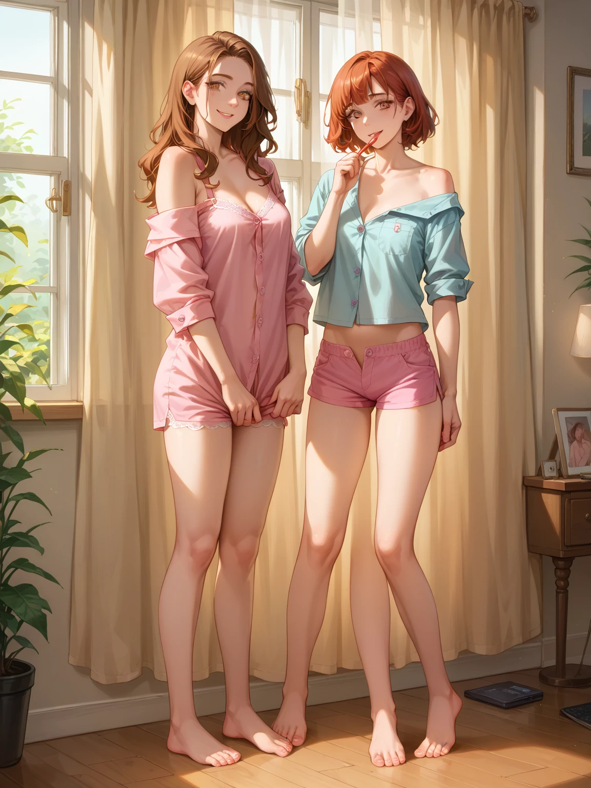 2girls, (multiple girls), natural lighting, masterpiece, highly detailed, illustration, game CG, absurdres, high quality, beautiful detailed eyes, glossy lips, natural lighting, medium breasts, redhead, bangs, green eyes, freckles, looking at viewer, lace bra, mother and daughter, MILF and teenager, sitting