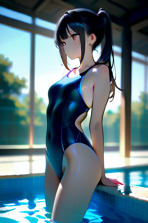 ((2D Beautiful Girl、highest quality、Perfect Finger 1.3、Perfect Anatomy 1.3、Very delicate and beautiful illustrations))、Cute girl、(Conversion Sequence)、((Swimwear))、14 years、Slender beautiful girl、Fractal Art、Baby Face、((Straight Long Hair))、Big droopy eyes、Laughter、Full-body display、(1 person)、Long sleeve、School swimming pool、standing、