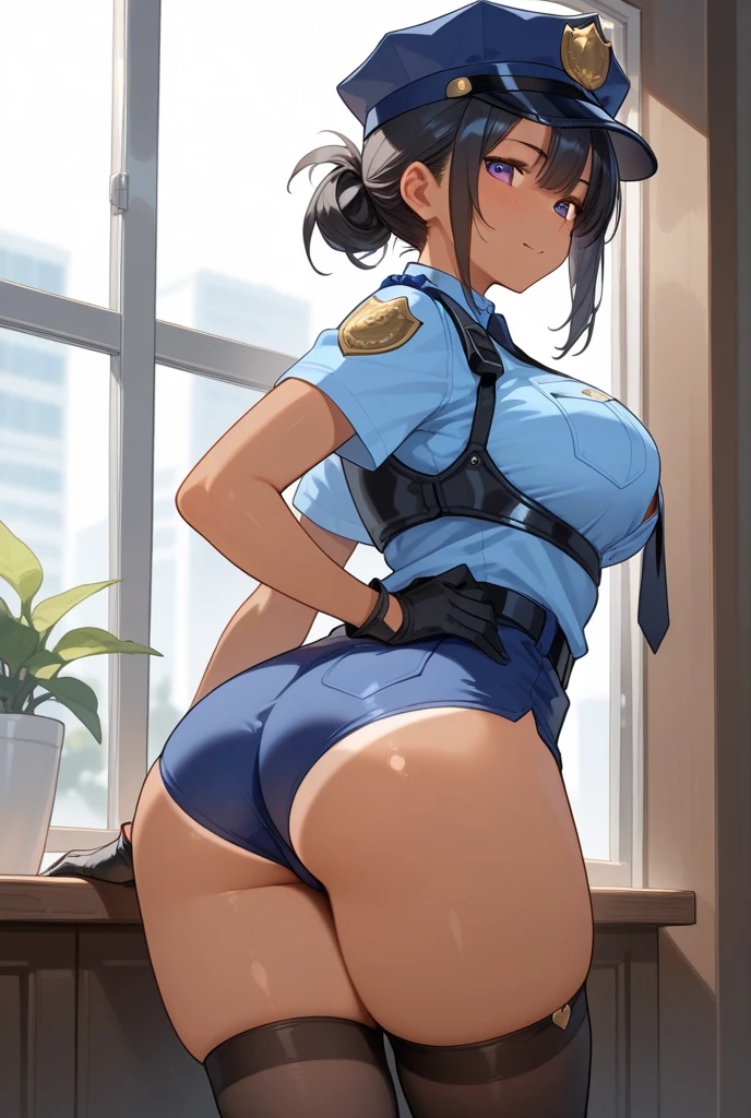 masterpiece, high quality, detailed eyes, 1girl, solo,black medium hair, bobcut, bangs, (large breast1.0), light smile, (muscular:0.5), (police uniform),arm badge, short sleeves, breast pocket, belt, cleavage, Cropped tops, blue short Pencil Skirt, garter strap, black stockings, choker, thigh strap, covered nipple, sexy , black hair ,shirt came off, undone , a police office , indoor , black bra , almost completely undressed, (bare shoulders), Off-shoulder , tight , (from behind:1.8) , (back view:1.2) , (Appearance from behind:1.3)
