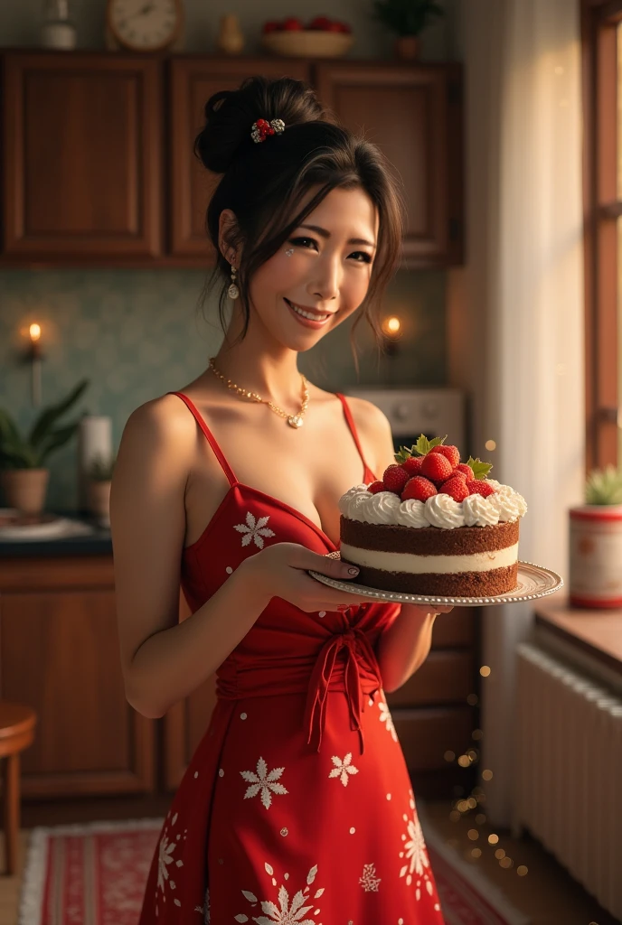 (((SFW))), (1.Females, sozinho), 8k, ((masutepiece)),(((qualidade superior))),((ultra-detalhado)),((((Realistic)))), Fotorrealista:1.37, (Um hiper-realista), (illustratio), (alta resolução), (ighly detalhado), (The best illustrations), (ultra-detalhada), (parede-), (Rosto detalhado), (beautiful expression), ((Detalhes Peles de alta qualidade:1.2)), ((Blush avermelhado)), (fundo hiper detalhado, Antecedentes detalhados), (Beautiful and Aesthetic: 1.2), extremamente detalhado, Vestindo fantasia de Papai Noel de minissaia, Fantasia de Papai Noel com pelo quente, fique na rua principal, cakes are sold in front of the store, A beautiful coffee showcase, beautiful Christmas decorations, colorful lighting lighting, cena de rua noturna