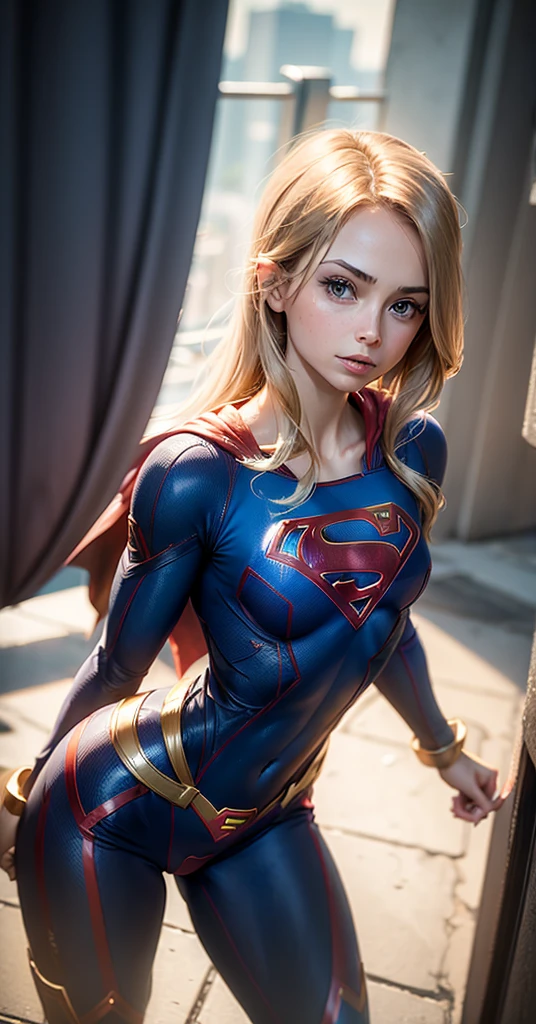 4k, realistic, charismatic, very detailed, there is a girl in the sky, dressed in a super girl costume, she is a super girl, superhero theme, blonde short hair, ponytail, 20 years, full body, (detail in the eyes), (detail in the face), incredibly beautiful, blue eyes, blush, makeup, red lipstick, miniskirt, (wide hips), (thick thighs), small breasts, dress,, seductive pose, (extreme hourglass figure), thin, svelte, white skirt, boots, tight t-shirt
