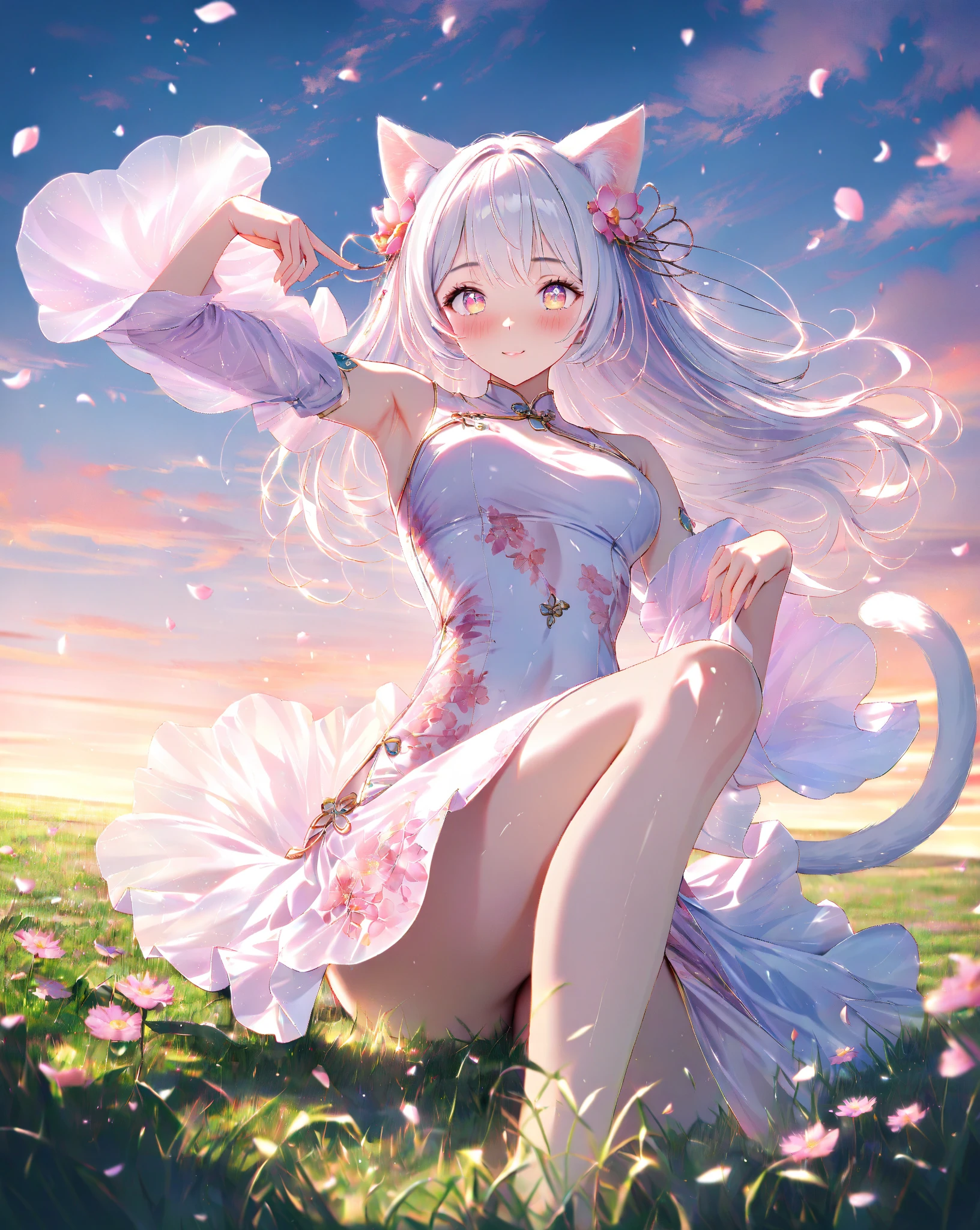 Silver hair, pink eyes, body, cat ears, adult girl, earrings, flower sky background, teal pink gold uniform, hair bows, happy face, thigh up, looking at viewer, v neck blouse