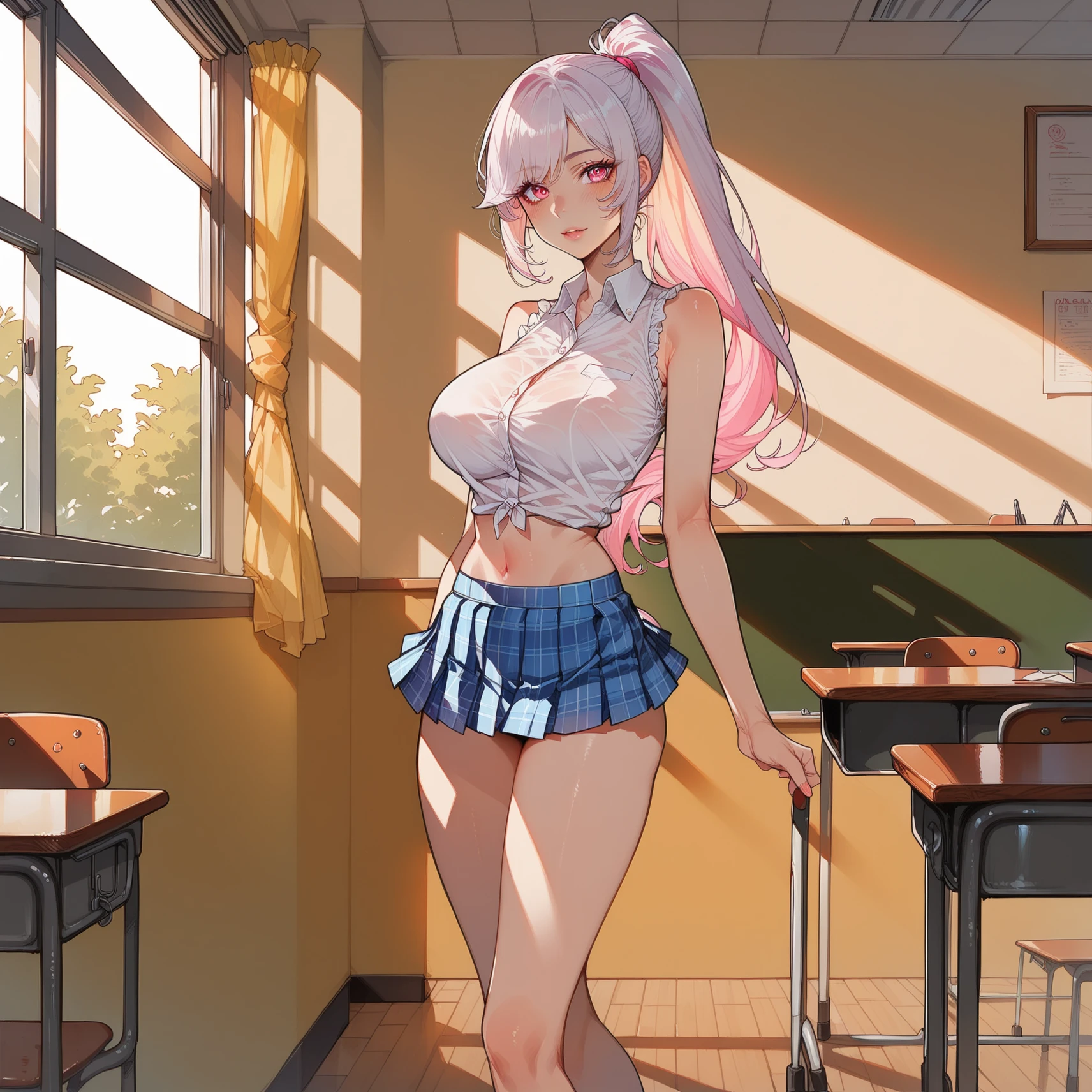 1Woman, Long hair, pony tail, parted lips, blusher, makeup, Annoying, bellybutton, underbreasts,  school uniform, Classroom, school bag, light beams, Glow, thights, 鎖骨, Narrow waist, (Masterpiece), wallpapers,