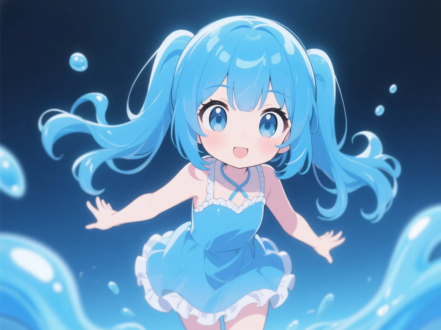 Photo realistic、Doll standing in front of the painting(Nendoroid)、頬にWater Drop、Joyful singing voice、Posing to splash water、Close one eye、Watercolor Nendoroid、(High definition figure)、Flowing iridescent silk、Close-up of face、Eyes up、Bikini Swimwear(Floral)、There are flowers in front of the Nendoroid、petal、Water Drop、season!!: summer☀ 🍂