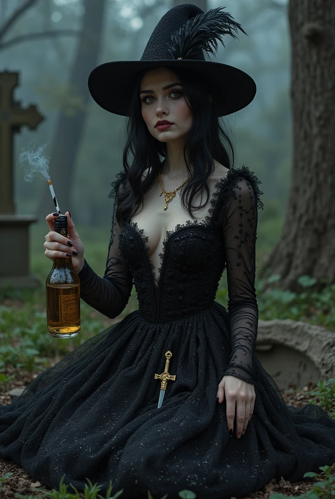 A realistic painting of a black woman with curly hair, wears a long black skirt and a red off-the-shoulder blouse, has a rose in her hair..holds a golden trident the trident has straight shapes. The woman is in the cemetery at night she walks barefoot. She is full.and full-bodied, she is not thin, is around 45 years old, next to it there is a clay bowl with an offering, yellow farofa and a bottle of drip
