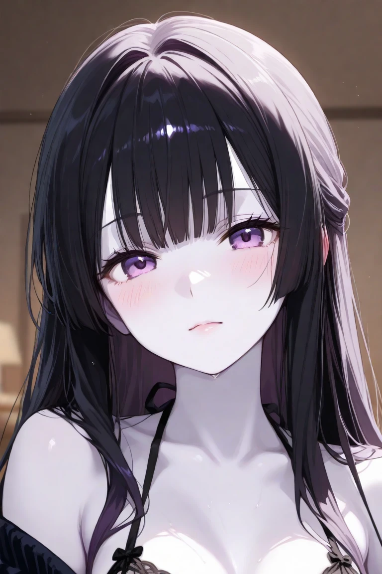 head tilt, hand on own cheek, Upper Body, Realistic, real person, (pale skin: 1.2), RAW photo, photorealistic, shiny skin, shiny hair、(A 25-year-old woman with straight hair and bangs) and (medium hair) and (black hair) and (purple eyes) , (white) and (off shoulder blouse) 、(tears:1.2), (embarrassed:1.5), smile, white background、Alone、