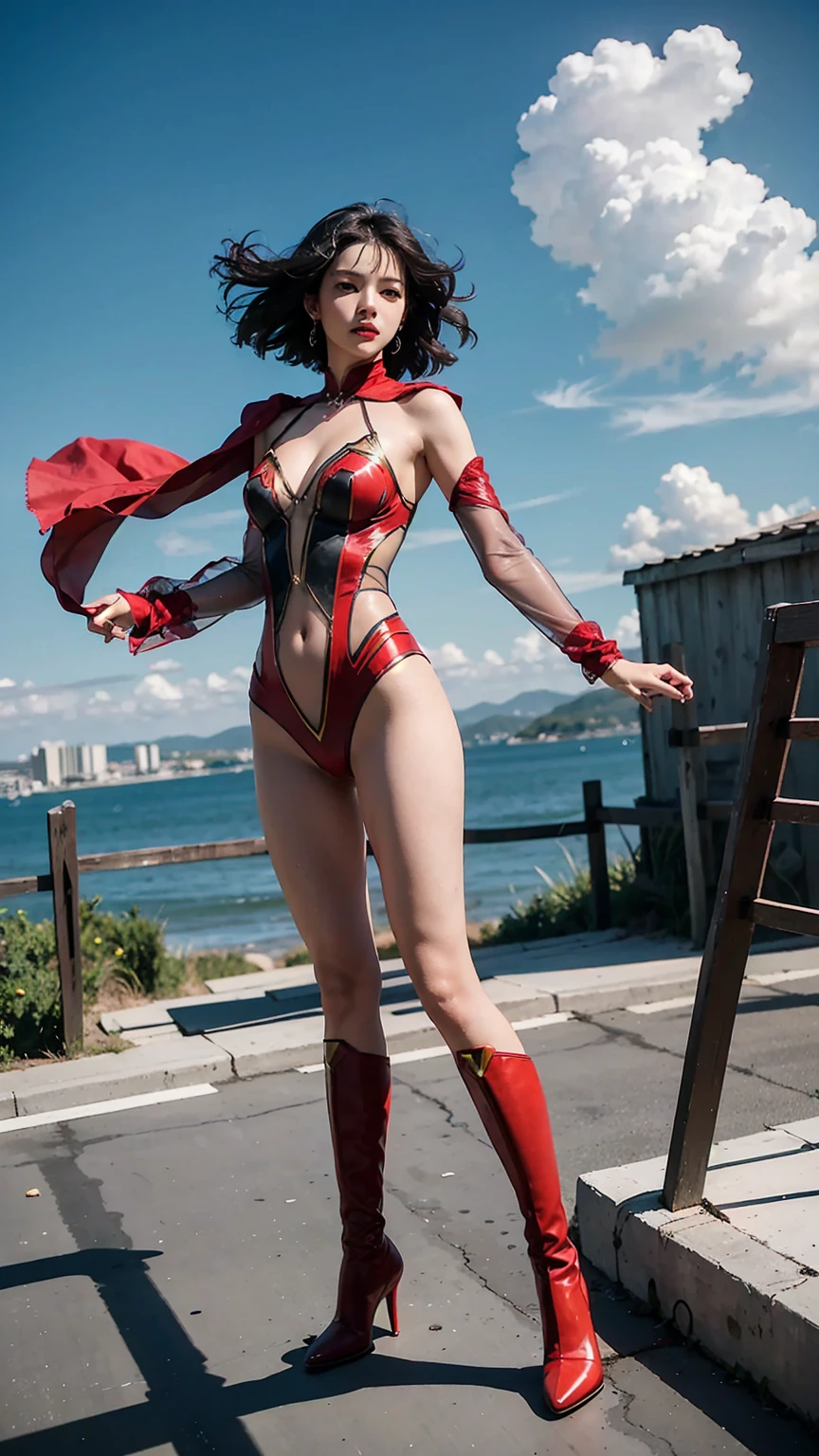 Photorealistic, high resolution, 1 woman, hips up, Beautiful eyes, Long hair, ringed eyes, A little smile on the side, jewelry, bodysuit, She wears a futuristic Red and Black costume, shorts, Full body S curve, Action high chest kick, Action on the sea beach, Background blue sky.