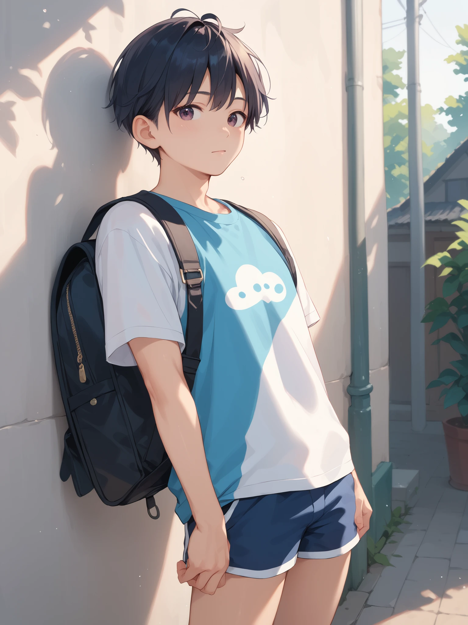 dark eyes, Shiny dark hair, A very young Asian boy with marshmallow-like hair is wearing cool summer clothes, shorts, and watching viewers with a backpack on his back.