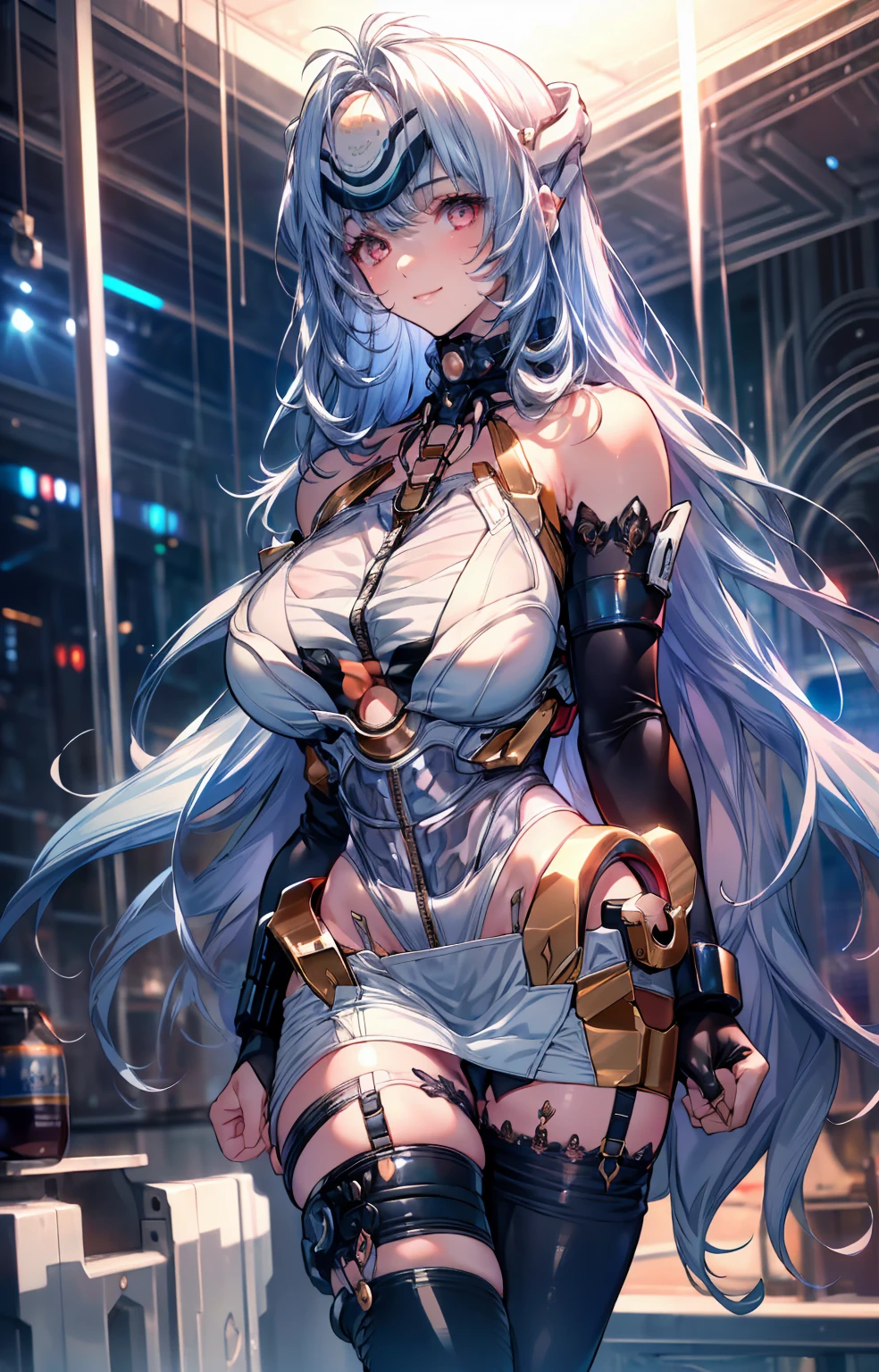 (masterpiece:1.2, Highest quality), (Realistic, photoRealistic:1.4), Beautiful illustrations, (Natural Side Lighting, Cinema Lighting), Looking at the audience, Upper Body, (Front view), 1 girl, Perfect Face, Symmetrical cute face, Glowing Skin, Baby Face, Long eyelashes, (Large Breasts), (Wide Hips),Beautiful Hair, Beautiful Face, Beautiful and beautiful eyes, Beautiful body, Beautiful breasts, Beautiful thighs, Beautiful legs, Beautiful fingers,(Beautiful views),(Cute Smile:1.2, Superior),Knee socks,Layered skirt,(Clothing Belt:1.5),((Sexy Bondage Cosplay:1.5)),Bikini Tops