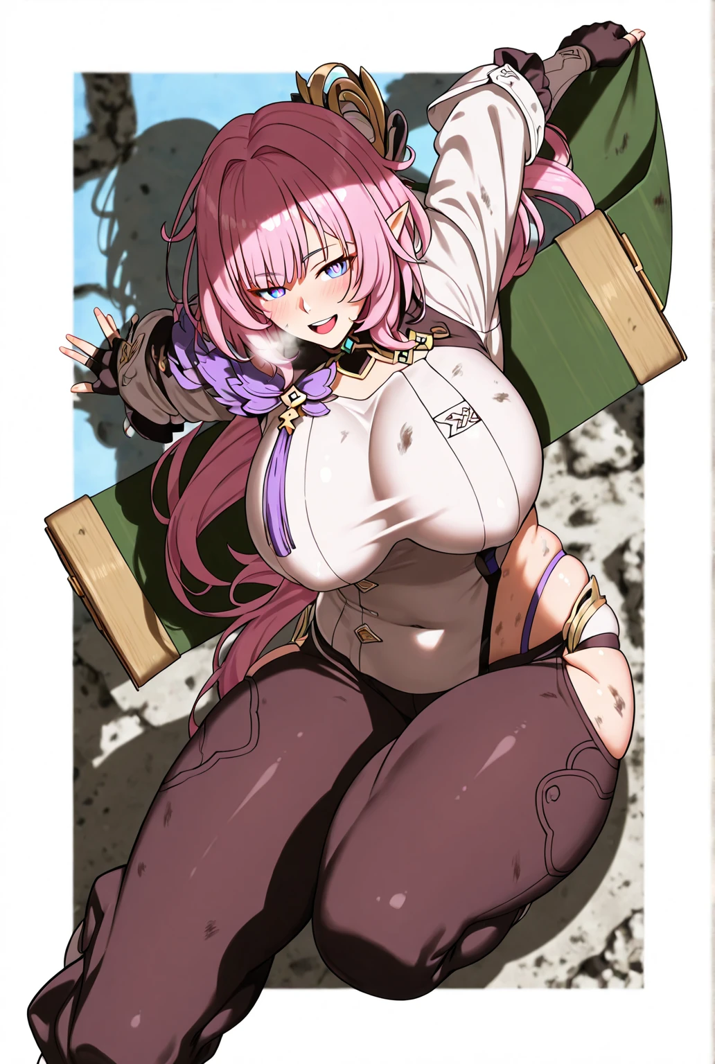 super breasts、pink hair、pink long hair、thick thighs、8K, 4K, highest quality, High resolution: 1.2)、cute anime face、noise removal、full body portrait、shining blue eyes、gentle smile、Round、Wearing a headband、naked、standing position、pussy hair、muscle、T-back that digs into your butt、naked足、abs、腕のmuscle、脚のmuscle、pubic hair、excessive pubic hair、nude、in the bedroom、holding a greatsword、armor