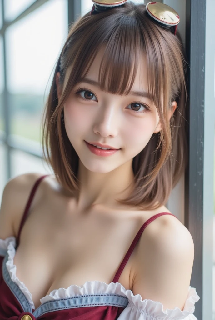 masutepiece, Best Quality, Photorealsitic, finely detail, hight resolution, 8K Wallpapers, Perfect dynamic composition, Beautiful detailed eyes, Medium Hair, large full breasts, Random and sexy poses,Bring your chest together、(Open Chest Mock Neck Crop Tank Top White Knitwear、Cleavage looks realistic)、(Breast bulge 1.2)、A smile、open open mouth、Resort scenery、25-years old、(Drooping eyes 1.4)、Adult beauty、japanes、Show the armpits、raise arms、
