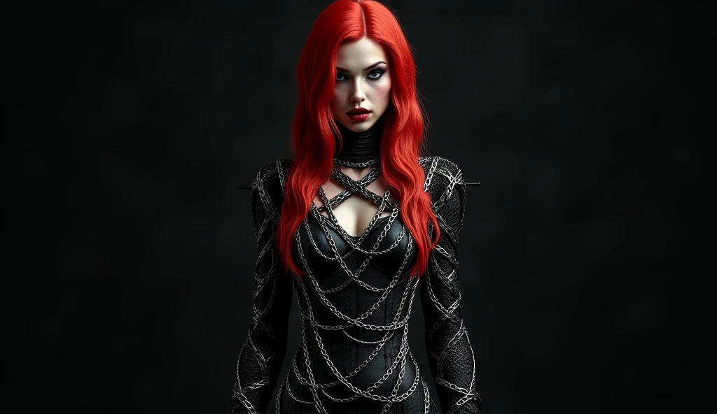 Red-haired snake woman,with black clothes full of chains tied,black background and full body