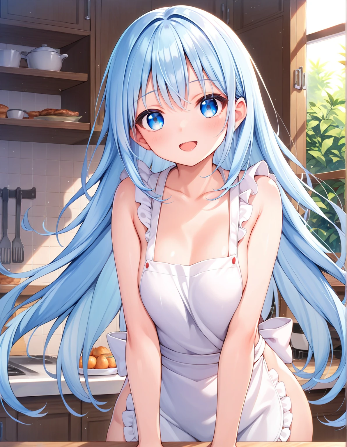 masterpiece, best qualiy, extremely detailed, 1girl,digital art, embarassed, (miwakasumi),naked, (apron),sensual, no_clothes, BREAK standing, blunt_bangs, light_blue_hair, long hair, puffy, night, sensual, lewd, lascive, defined curves, BREAK kitchen, cozy, night, modern, perfect face, expressive eyes, exposed skin