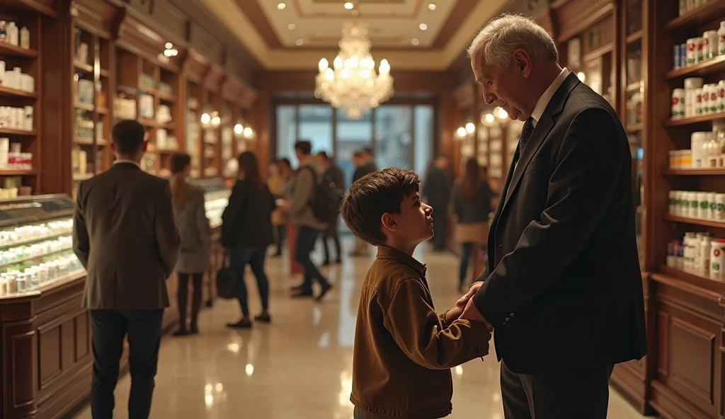 Create an image of a man looking at the yv of a shop window. Add a begging child to the side of the window. The man does not see the child who is begging from the people who pass by, he only sees the TV screen. He ignores the child. On the screen you can see children suffering from the war.