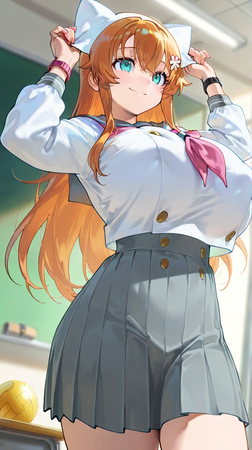 (masterpiece, Highest quality) One girl, Slightly larger breasts, A little big butt, Thick thighs, Wide Hips, Perfect proportions, Asymmetrical hairstyles. Stylish hairstyle, Orange and various hair colors, Blue eyes, Wearing an orange checkered skirt, long orange skirt, Up shirt, Wristbands on both hands, High resolution, Super sharp, 8K, masterpiece, Looks powerful, cool, Energetic, Battle Maniac, Full of motivation, Five fingers on both hands