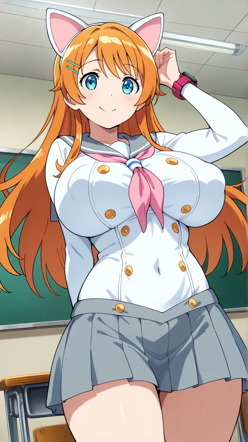 masterpiece、best quality、intricate details、Bright colors、diffused lighting、high perspective、classroom、whiteboard background、table、(1 girl(orange hair、orange eyes、eye shadow、beautiful makeup、sailor suit、White shirt completely unbuttoned、white ee-through、cleavage、Naked tummy、perfect body、thick thighs、lusciousness、leaning towards the viewer、look at the viewer、shy look、excited、put your hands behind your back))