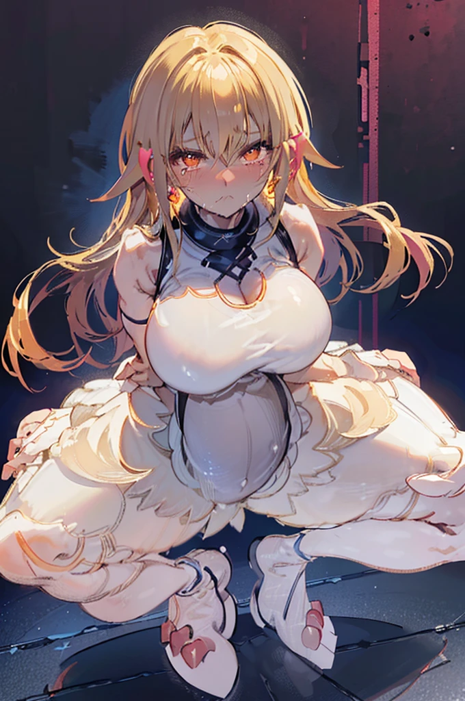 {full body},wariza,sitting,looking down,from below,{upskirt},dynamic angle, dynamic cut,naughty smile,macrophilia,{white wings},{angel},{{very muscular}},{{very muscle}},{very curvy},{very big woman},{very gigantic woman},{very strong woman},{very tall woman},{very long legs},{very gigantic breasts},{very big breasts},{two side up},{adult},{grown-up body},blonde hair,barefoot,cute dress shirt frills ribbon split corset skirt,best quality,solo,white background