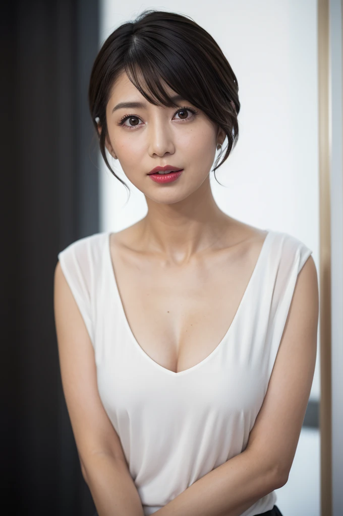 ((Medium shot scene、Two-thirds of the body is standing))highest quality、masterpiece、超A high resolution、(Photorealistic:1.4)、Japanese women、30-year-old woman,bangs、short hair、Colorful and sexy bra、(Huge breasts:1.4)、Slightly chubby:1.2,Straight body,A little chubby face:1.2,Wrinkles around the eyes,Wrinkles at the corners of the mouth,Perfect body,Standing on one'My feet、