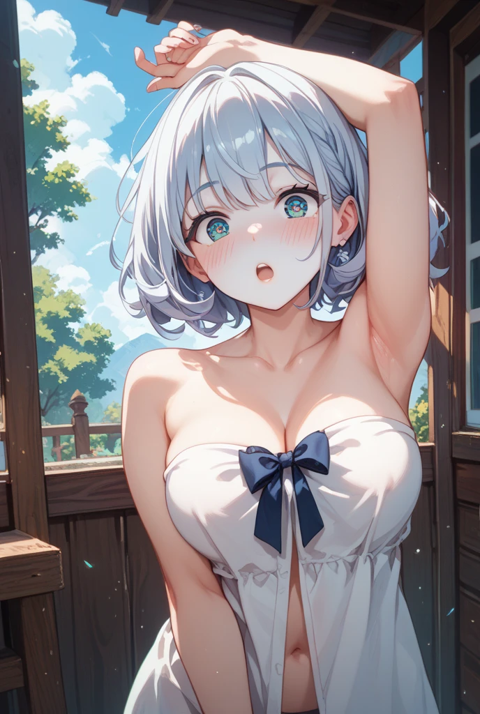 Shirogane noel from hololive, big boobs, wear tank top, show nipple, 8k, masterpie, detailed, smile, bob hair, great qualities, very detail, mountain background, sunset, flying whale in the sky,