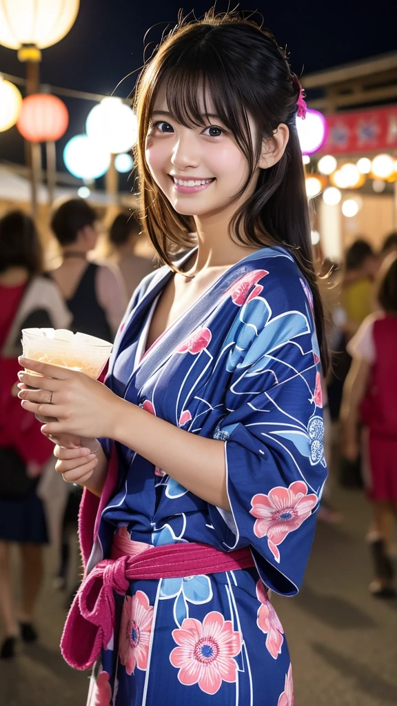 {[(8K quality)、(NSFW)、(nude)、(whole body)、(Ultra HD)、(photograph)、(Realistic images)、(Photorealism)、(Ultra-detailed画像)、(Sexy 40 year old women),(Perfect body)、(Perfect body) (Ultra-detailed) (Model body) (slender)]}。One girl、solo、slenderな体、Perfect Mouth、Layered Hair、(whole body画像 1:1)、Slim legs、Tall body、Large Breasts、Bust 90 cm、Soft curves、(Wearing a Japan yukata)、Detailed city、street、Lively、Fashion Model、Unforgettable beauty、Yearning for love、Realistically rendered、lure、One girl、night、firework、drinking beer