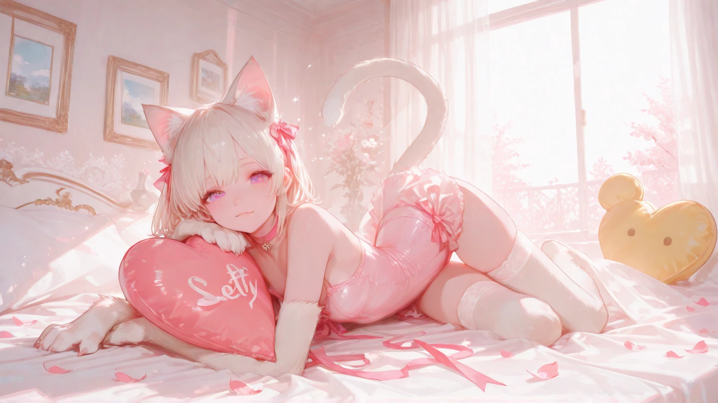 I have white pink hair, cat ears, a bun, my face is super blushing, black glasses, pink heart eyes, and if you could, in lingerie, black stockings, a cat's tail, a very shy girl, that you are lying on your bed how suspicious it is very small